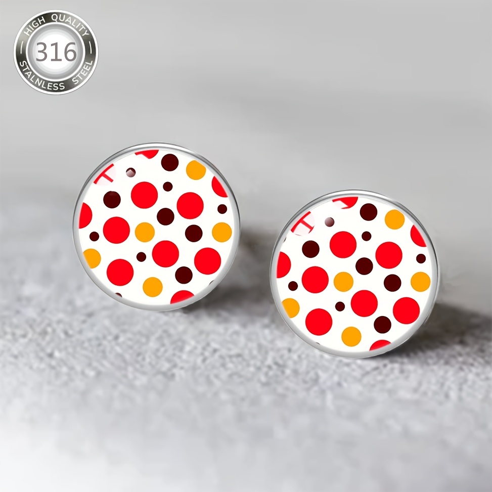 Red Polka Dot Pattern Design Earrings, Stainless Steel